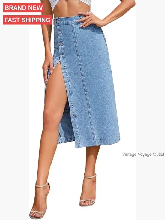 Stretch Denim Midi Skirt High Waisted Button Front Slit Casual - Picture 1 of 7